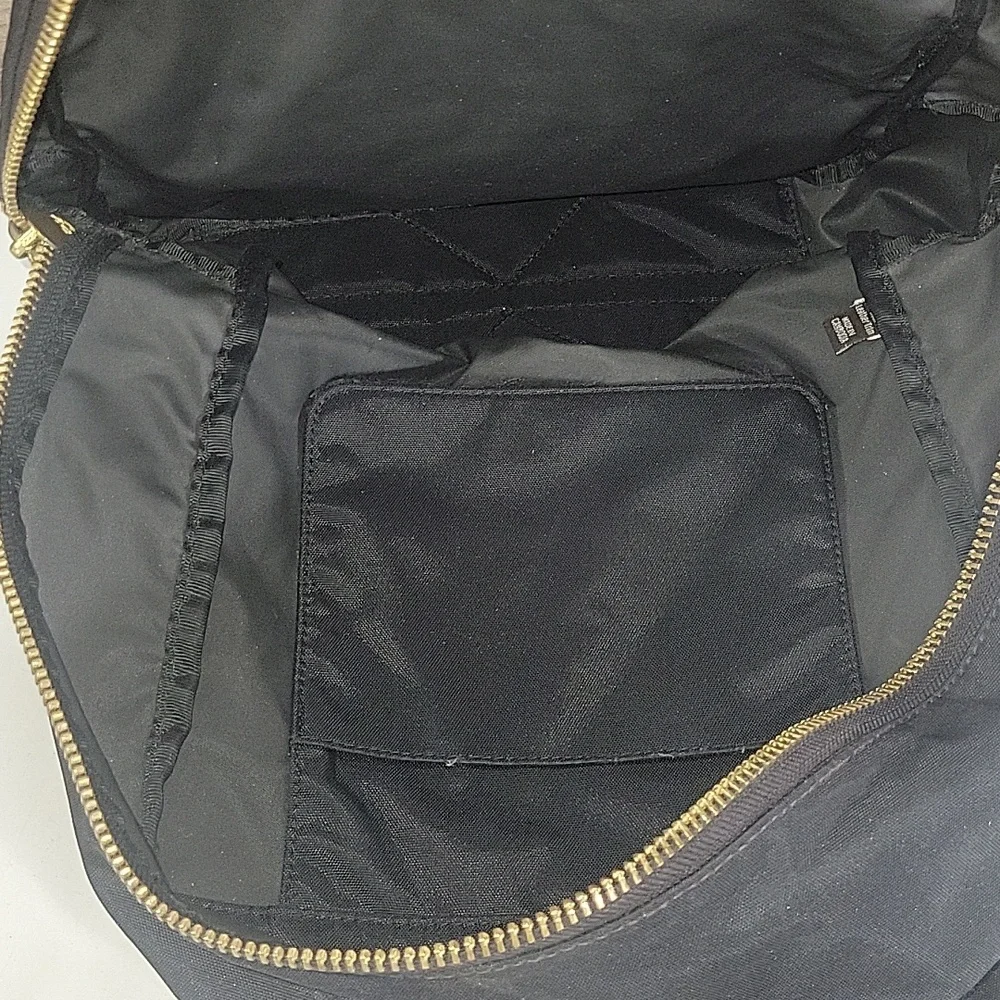 Frye Nylon Black and Brown Leather Trim Backpack with Gold Accents
